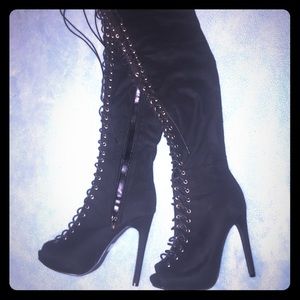 Black Lace-Up Thigh High Boots
